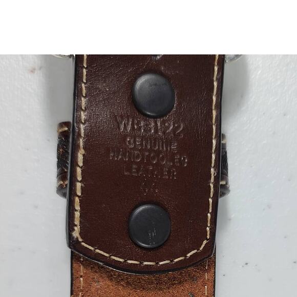 Ranger Belt Company Brown Black Silver Tone Cross Conchos Hand Tooled Belt 44 - Picture 4 of 5